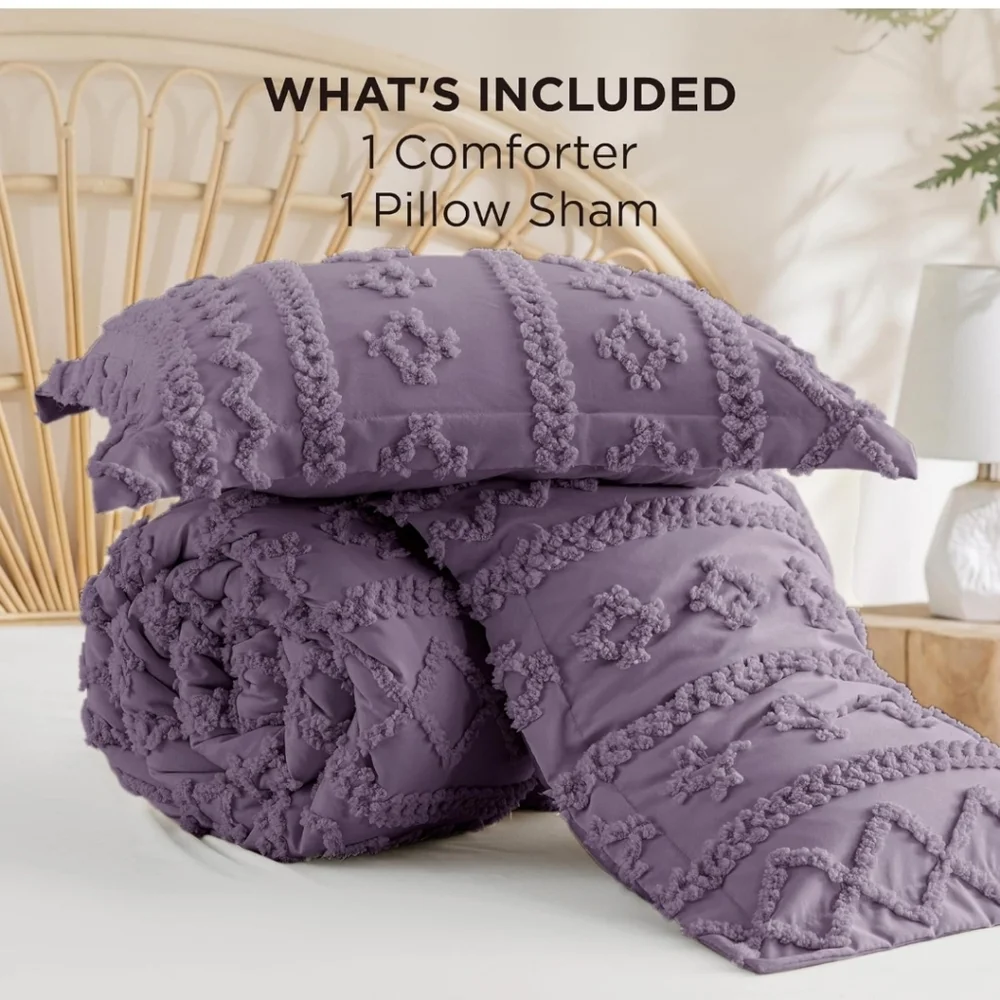 Bedsure Tufted Boho Comforter Set Twin Size - Grayish Purple Boho All Season